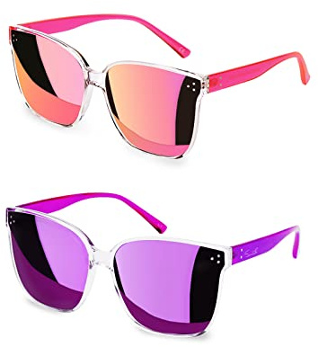 Sumato Pink Sunglasses Womens, Oversized Sunglasses for Women with Trendy Mirrored Lens UV400 Blocking Purple 2 Pack