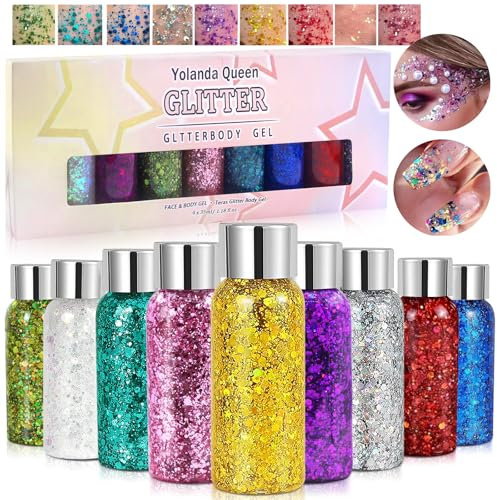 AOKITO Festival Gesichtsglitzer & Körperglitzer – 9 Flaschen Body Glitter Gel mit Löffeln, Chunky Glitter für Karneval, Festival, Masquerade und Party Make-up