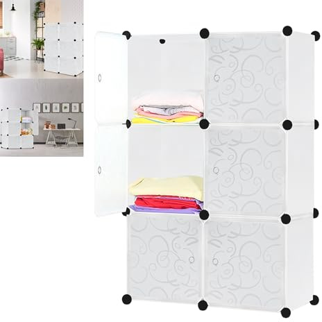 Suusolny DIY Garderobe Kleiderschrank Regalsystem Aufbewahrung Schrank Aufbewahrungssystem mit Türen aus PP Kunststoff Robust Langlebig - Weiß, 6 Boxen mit Tür
