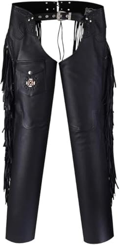 Assless Leder Chaps für Damen und Herren - Premium Vollnarbenleder Western Cowboy Motorrad Chaps - Handarbeit, Schwarz, 4X-Large