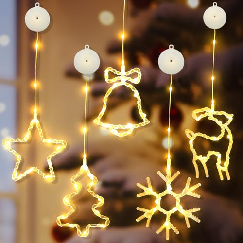 TETSMG 5 Stück Weihnachtsdeko Fenster Beleuchtet LED Sterne Weihnachtsbeleuchtung Innen, LED Lichtervorhang Weihnachten mit Saugnäpfe & Timer, 8 Lichtmodi, Fenster Lichterkette Deko (Weihnachten)