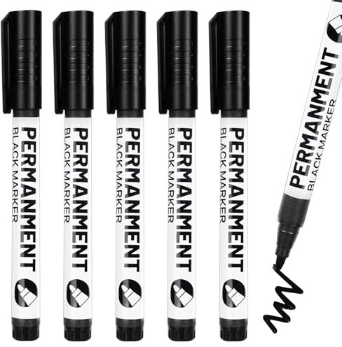 SEPVEL Permanent Marker Pens, 5 Pcs Fine Tip Black Marker Pen Waterproof and Quick Drying Fabric Pens Permanent for Clothes, Stones, Rock Painting, Ceramic, Glass, Wood, Metal, Canvas, Marking