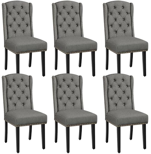 Yaheetech Classic Dining Room Chairs Set of 6 with Wooden Legs, Light Grey | Button Tufted Kitchen Chairs with High Back & Thick Seat Cushion, Upholstered Dining Room Chairs for Dining Room Home