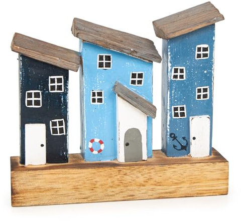 Logbuch-Verlag Maritime Häuser aus Holz blau Dekoleiste zum Hinstellen Häuserzeile weiß Bad Spa Strandhaus Deko 18 cm
