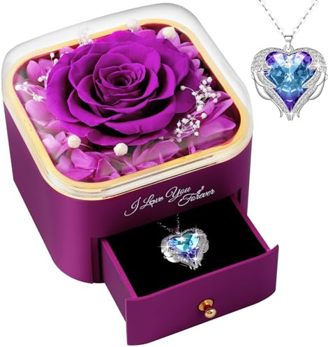 FRFG Ewige Echte Rose mit Halskette, Geburtstagsgeschenk | Geschenk Frauen Ewige Blume, Geschenke für Frauen Mama Oma Konservierte Rose Muttertagsgeschenk Ewige Rose - Lila
