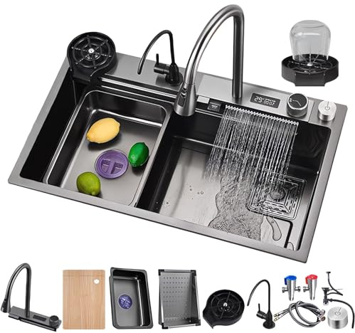 Coubird Lavello da cucina multifunzionale nero grigio 80X50, lavello intelligente moderno in acciaio inox, lavello da cucina a 1 seno, adatto per cucina, ristorante (grigio scuro, 85 x 45 cm)