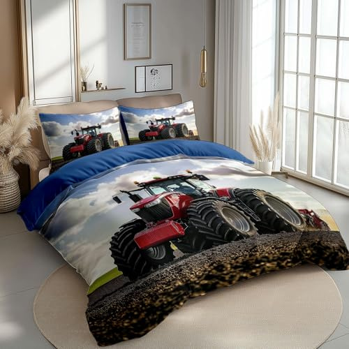 CozyRest Bettwäsche 100 x 135 cm Bettbezug Set 2 Teilig mit 1 Kissenbezügen, Muster Traktor ländliches Feld Wende Blau Bettwäsche für Teenager Kinder, aus Weiche Mikrofaser mit Reißverschluss