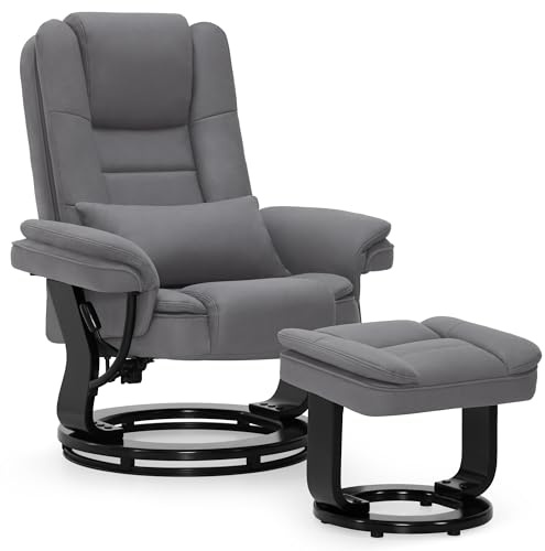 M MCombo Relaxsessel mit Liegefunktion, Lesesessel, 360° Drehbarer Fernsehsessel, mit Hocker, mit Kissen & Seitentasche, bis 120 Kg Belastbarer TV-Sessel für Wohnzimmer, 9099 (Mikrofaser, Grau)