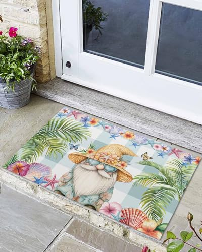 Welcome Doormat Tropical Dwarf Palm Tree Non-Slip Door Mats Entryway Rugs Gnomes Sea Star on Green Plaid Washable Floor Mat for Living Room Bedroom Bathroom Entrance,18x30IN