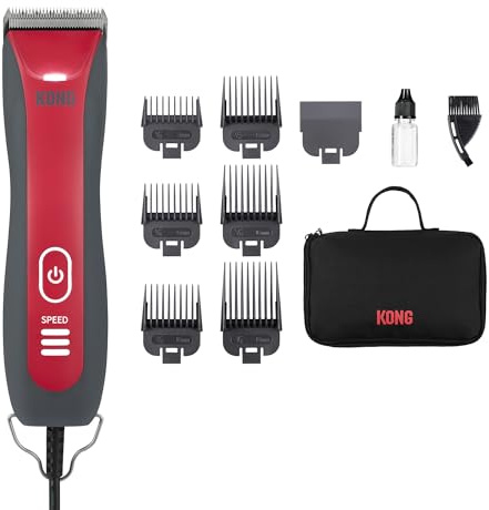 Kong 3-Speed Dog Clipper Grooming Kit – Stainless Steel Blade, Waterproof, LED Spotlight, 6 Guide Combs, 10-Foot Cord, Ergonomic Handle – Red/Gray, All Coat Types