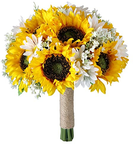 sporful Sonnenblumen-Brautstrauß, künstliche Blumen für Hochzeit, Brautjungfer, Blumenstrauß, gelber Blumenstrauß, Vintage, rustikale Hochzeitsdekoration, 21,6 x 29,9 cm