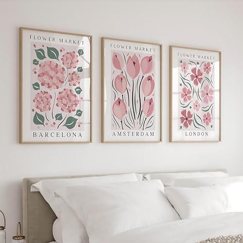Generisch 3er Poster Set Blumen Poster, Vintage Rosa Blumen Bilder Poster & Kunstdrucke, Schlafzimmer Teenager Mädchen Deko Wandcollagen, Rosa Aesthetic Bilder Poster Blumen (30 X 40 CM)
