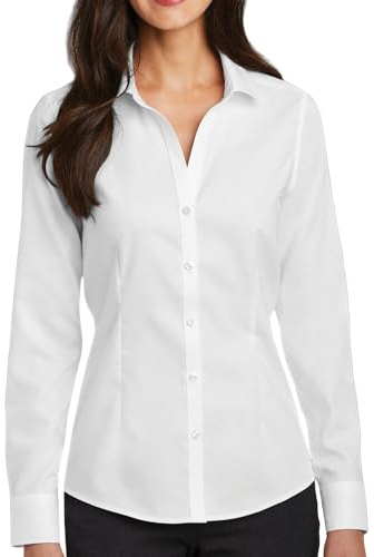 JiaYouLC Women's Long Sleeve Casual Blouses & Shirts Ladies Plain Stretch Button Down Shirts (UK, Alpha, M, Regular, Regular, White)