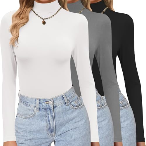 Ekouaer Womens 3 Pack Long Sleeve Tops Turtleneck Thermal Shirts S-XXL | fitted silhouette with a body-skimming shape, straight hem sit neatly at the hip, casual wear or layer, s-2xl