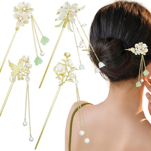 Paquete de 4 palillos chinos para el pelo con diseño de lirio de los valles para moños, estilo retro vintage asiático japonés, con flor de perla y alfileres de metal dorados, borlas colgantes Hanfu.