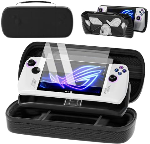 QUAGGY Designed for Case for ASUS ROG Ally 2023, Large Carry Case Bag Perfect for Charger, with Soft Silicone Protective Cover und 2 Pack Screen Protector, Portable and Easy to Carry Black Bag