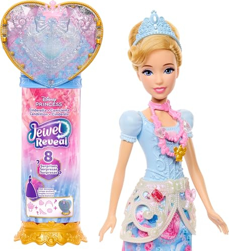 Mattel Disney Princess Askungen-modedocka och tillbehör med 8 överraskningar, inklusive låda med hjärtjuvel, ring för barn och 9 delar, inspirerade av filmen, JHL50