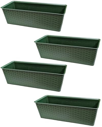 4 x Rattan Window Box Planters – 40cm Green Plastic Outdoor Trough Flower Boxes for Herbs Plants – Rectangular Balcony Window Sill Garden Plant Pots – Weather-Resistant Planter – 40cm x 15.5cm x 12cm