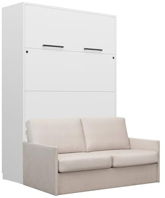 QMM Schrankbett Wandbett vertikal GN 140x200 weiß mit LED und Sofa (Beige - Emma 03)