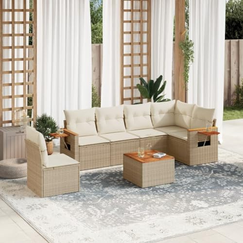 Qnhdfrt Set di 7 divani da giardino, in rattan sintetico, con tavolo in legno di acacia e ripiani pieghevoli, per terrazza, giardino e balcone