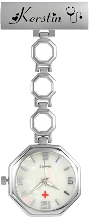 JSDDE Personalisierte Krankenschwester Uhren mit Namen Text Gravur Achteckig Taschenuhren für Damen Krankenschwesteruhr mit Pin Uhr für Arzt Doktor Medical (Silber)