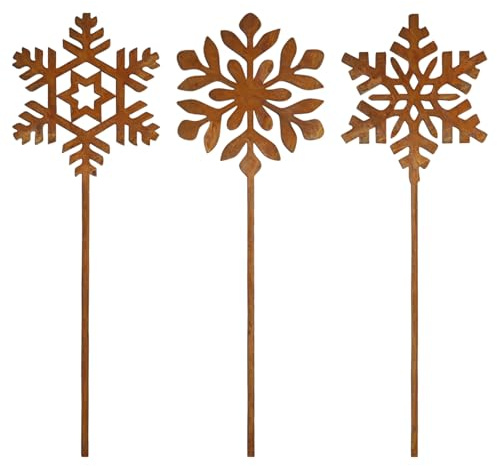 PIujsym Gartenstecker Schneeflocken 3er Set Rostoptik Metall Weihnachtsdeko Outdoor wetterfest Gartendeko Weihnachten Winterdeko draußen, weihnachtsdeko Garten für Balkon Terrasse Vorgarten