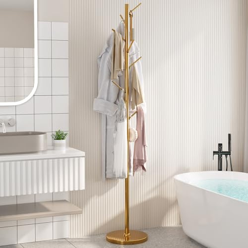 Guyii Portemanteau sur pied en acier inoxydable doré Porte-manteau moderne et stable, arbre à vêtements avec crochets pour manteaux, vestes, chapeaux et écharpes, rangement pour entrée/chambre/salon