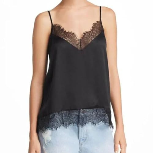 Betrodi Women Satin Lace Trim Cami Tops V Neck Spaghetti Strap Side Split Silk Crop Vest Top Elegant Going Out Lingerie Camisole (Basic Black, L)