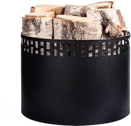 Kapaga – Panier à bois 33 × 26 cm – métal noir thermolaqué – porte-bûches avec motif – panier robuste pour cheminée, salon et décoration, rangement bois de chauffage