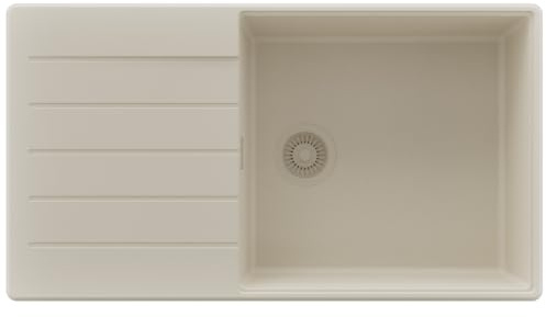 PRIMAGRAN Evier Cuisine en Granit au Meuble 60cm + Kit de Vidage, 90x50cm | Set: Kit de Vidage (Siphon, bonde d’évacuation, trop-plein) + Lavabo 1 Bac - Copenhague Top, Tout Beige
