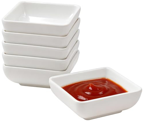 HVIHWI 6 White Dipping Bowls, 85ml Small Dip Bowls, Square Snack Bowls for Sushi, Soy Sauce, Ketchup, Tapas, Salad Dressing, Dishwasher Safe Side Dishes, 7.3cm Set of 6
