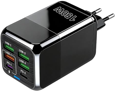 USB C 150W 6-portars snabbladdare, 6-i-1 flera USB-laddare (2 USB C + 4 USB‑A) universell laddningsstation adapter kompatibel med iPhone 17 16 15 14 13 Pro Max, iPad, MacBook