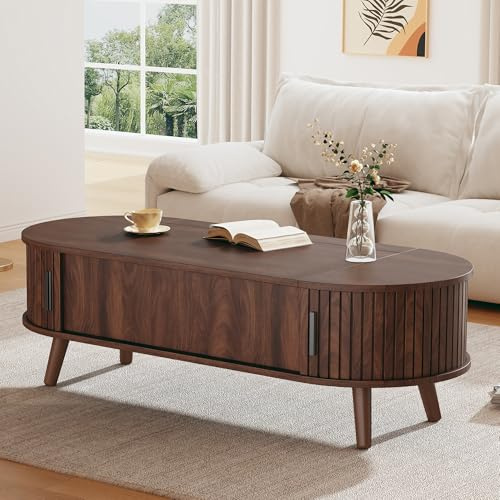 DACHETOU Mesa de centro elevable, color nogal, 50 x 120 cm, mesa de café con espacio de almacenamiento oculto, mesa auxiliar con 5 estantes, mesa de salón, mesa de sofá