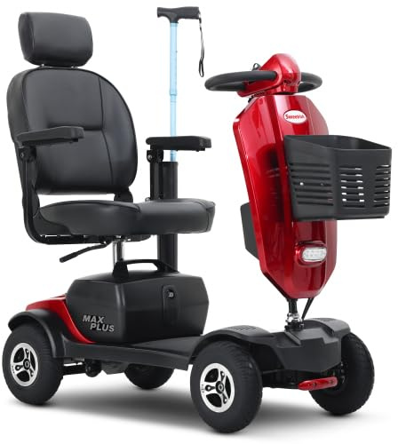 Elektro Dreirad Erwachsene Komfort – 4-Rad Seniorenmobil, 300W Motor, 25 km Reichweite, 360° drehbare Kopfstütze, Windschutzscheibe, Luftreifen, Dämpfer, USB, Getränkehalter, LED, Rot