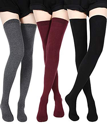 SATINIOR Extra Lange Socken Oberschenkelhohe Baumwollsocken Extra lange Stiefelstrümpfe für Mädchen Frauen (Black, Dark Grey, Wine Red, 3)