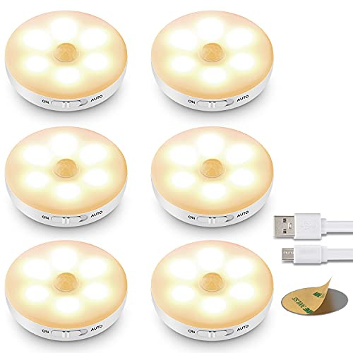 6-Pack Motion Sensor Lights Indoor, Rechargeable Battery Powered Led Night Lights with USB Cable, Stick On Light with 3M Adhesive for Under Cupboard,Under Cabinet,Stairs,Wardrobe,Kitchen(Warm-White)