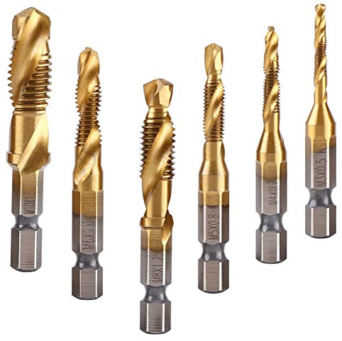 6-teiliges Set Gewindebohrer, Gewindebohrer und Schneideisen, M3-M10, Gewindebohrer, 1/4 Zoll (6,35 cm), Metallgewinde, Sechskantschaft, titanbeschichtet, für dünnes Aluminium, Kupfer, Kunststoff,