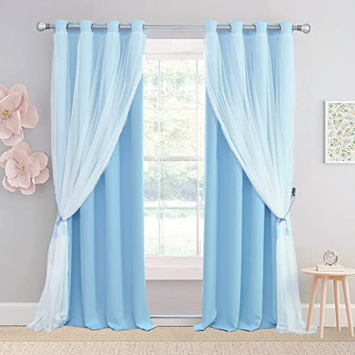 SOFJAGETQ Short Blue Blackout Curtains 63 Inch Length with Sheer - Double Layered Light Blue Grommet Window Treatment for Kids/Children's Boys Bedroom Living Room Nursery, Baby Blue, 2 PCs