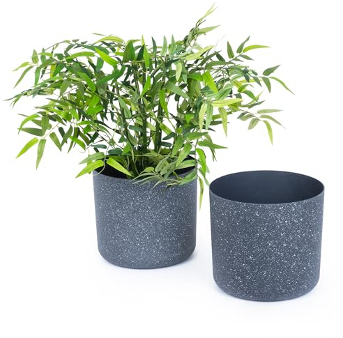 LIVIVO 22CM Round Plastic Flowerpot Plant Pot with Speckled Sandstone Effect for Indoor & Outdoor use including Kitchen Living Room Hallway Garden Patio Entrance Balcony Window - SET OF 2 (Grey)