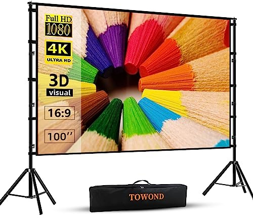 TOWOND Projector Screen and Stand, 100 inch Projection Screen Outdoor Indoor, Portable 16:9 4K HD Rear Front Movie Screen with Carry Bag Wrinkle-Free Design for Home Theater Backyard Cinema