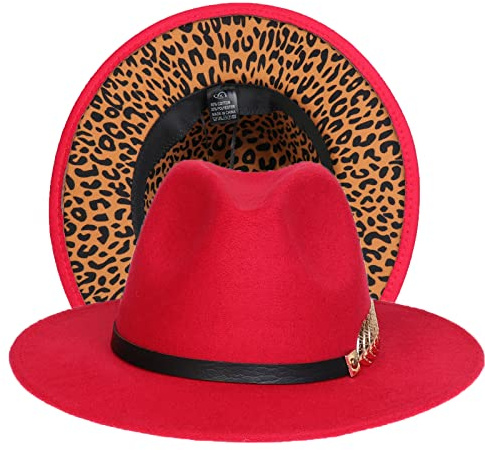 JK Home Fedora Filzhut für Jazz, Hochzeit, zweifarbig, breiter Rand mit PU-Leder, Schnalle innen, verstellbare Kordel, rot, One size