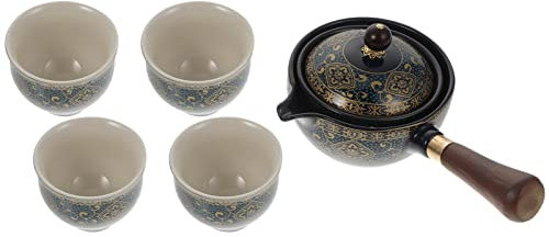 BESTonZON Keramik Tee Service Set Japanische Kyusu Tokoname Stil Porzellan Einhand 360 ° Rotierend Teekanne 4 Teetassen mit Griff Kungfu Reise Tee Set für Teehaus Teeliebhaber Einweihungsgeschenk
