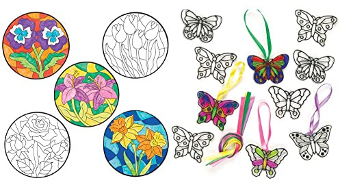 Baker Ross Flower Colour in Window Decorations - Pack of 12, Easter Crafts, Craft for Kids (AT393) & ET815 Butterfly Mini Suncatcher Decorations (Pack of 12) for Kids Arts and Crafts