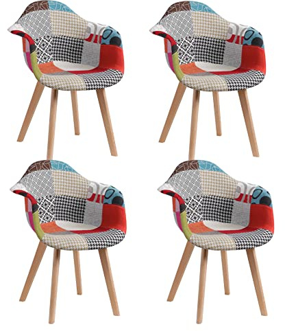 EGOONM 4er Set Patchwork-Stühlen, Esszimmerstühle aus Leinen, ideal für Esszimmer, Wohnzimmer, Café, etc. (Rot)