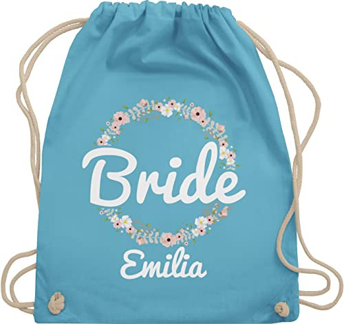 Turnbeutel Rucksack personalisiert - JGA Junggesellenabschied - Bride mit Blumenkranz weiss - Unisize - Hellblau - braut personalisierbar junggesellinnenabschied beutel jungesellenabschied name