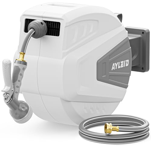 Ayleid Retractable Garden Hose Reel,1/2 in x 100 ft Wall Mounted Hose Reel, with 9- Function Sprayer Nozzle, Any Length Lock/Slow Return System/Wall Mounted/180°Swivel Bracket (Grey) | Anti-freeze, kink-free premium rubber hybrid hose, 24-month warranty, 9-pattern sprayer, any-length lock, slow auto-return.