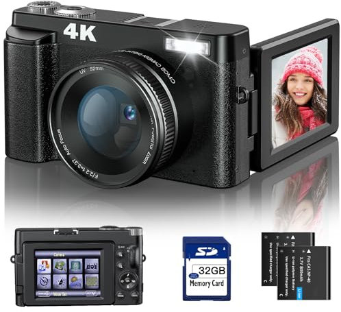4K Digital Camera for Photography and Video Autofocus Anti-Shake, 48MP Vlogging Camera with SD Card, 3'' 180° Flip Screen Compact Camera with Flash, 16X Digital Zoom Travel Camera (2 Batteries)