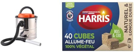 Bikain DI1200INOX– Aspirateur de Cendres, 1200 W, 20 L, Cuve INOX, Argent & Harris – 40 Cubes Allume-feu 100% végétal à Base de Bois compressé et Cire végétale