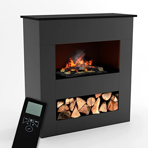 GLOW FIRE Wasserdampf Kamin BRECHT (Standkamin) - Elektrokamin mit realistischen LED 3D-Flammen, Knistereffekt & Fernbedienung, 105x110x40 cm - Opti-Myst 600 Elektro Kamin mit Holz-Deko, Grau