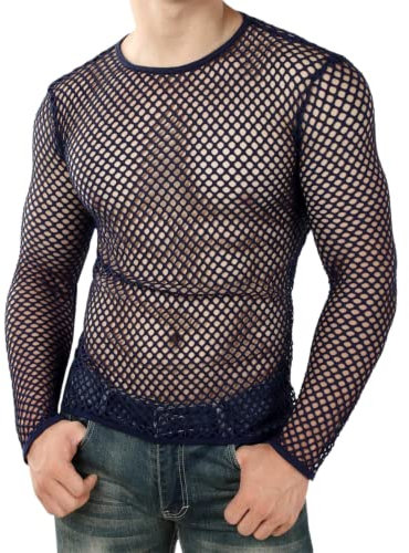 Camisas Transparentes musculares para Hombres Camiseta Interior de Malla de Rejilla de Manga Larga para Hombres para Club Party, S.M.L.XL.XXL